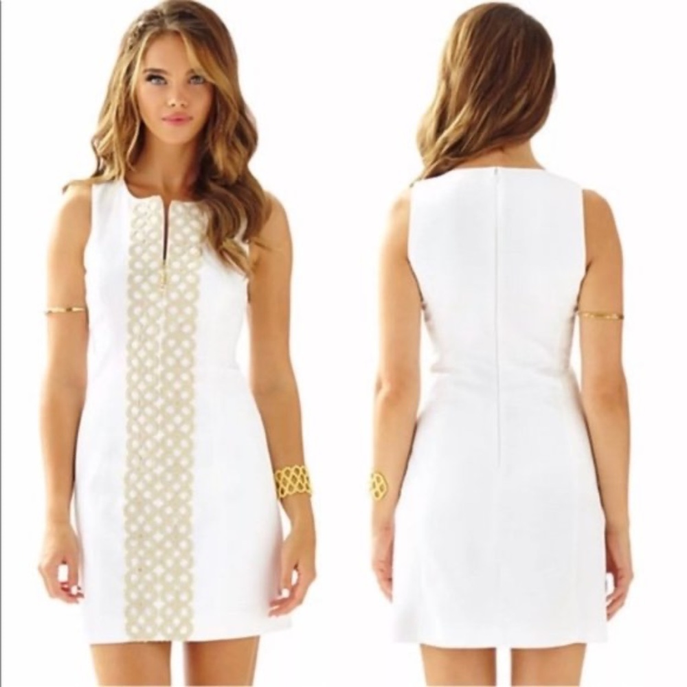 Lilly Pulizer Mila Shift Dress White with Gold detail - Size 14